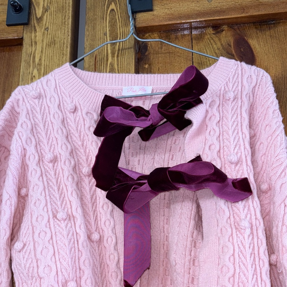 Pink Cable Knit Sweater with Bow Detail - Picture 2 of 4